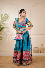 Teal Blue Cotton Kali Lehenga With Mirror Work — view 3