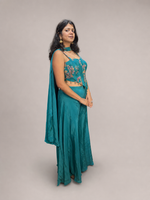 Teal Satin Corset Sharara Set With Bead Embroidery — view 3