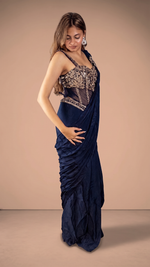 Navy Blue Satin Pre-Draped Saree With Zari Corset — view 2