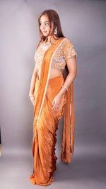 Rust Orange Chinon Pre-Draped Saree With Beaded Blouse — view 2