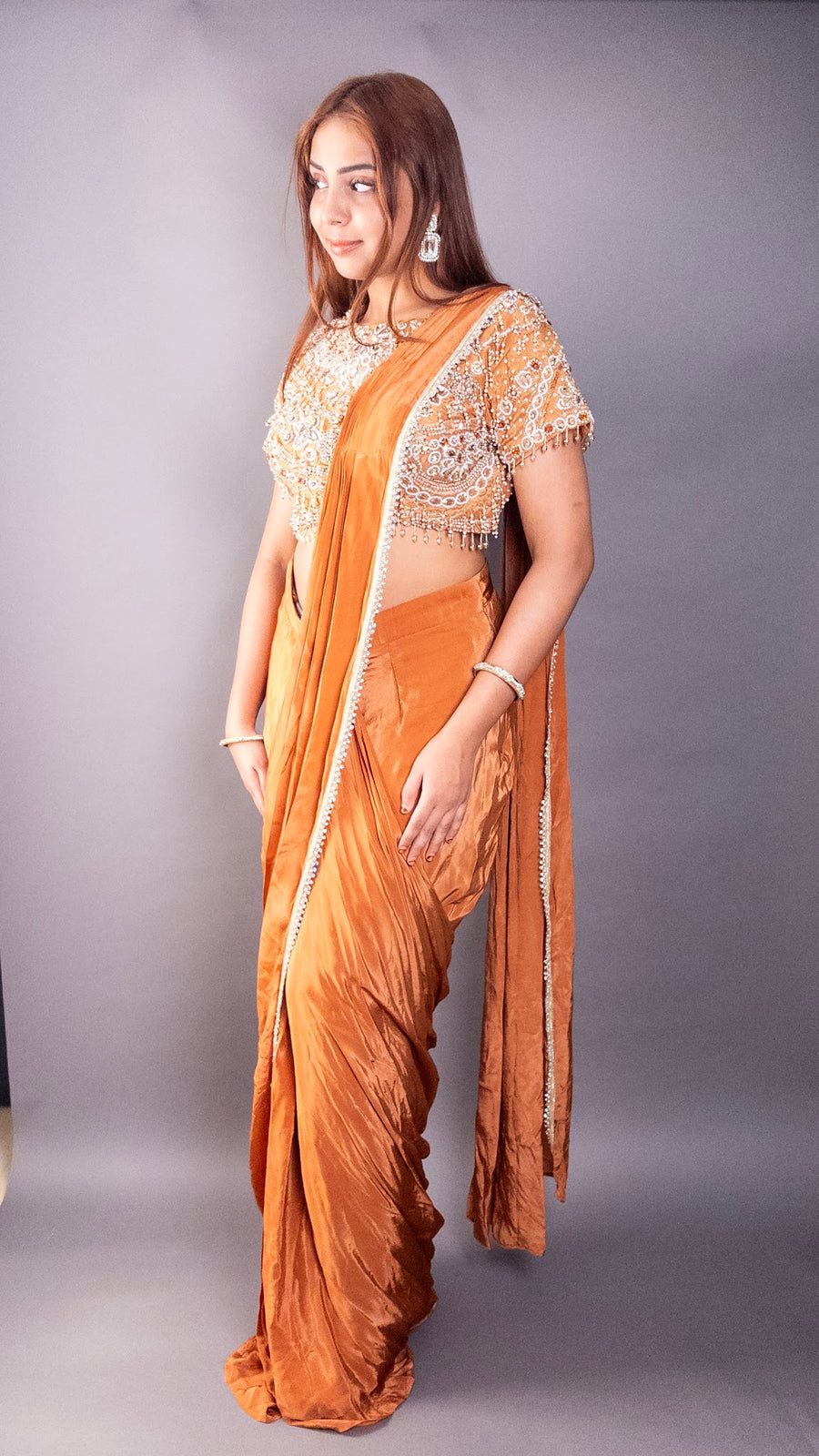 Rust Orange Chinon Pre-Draped Saree With Beaded Blouse — back view