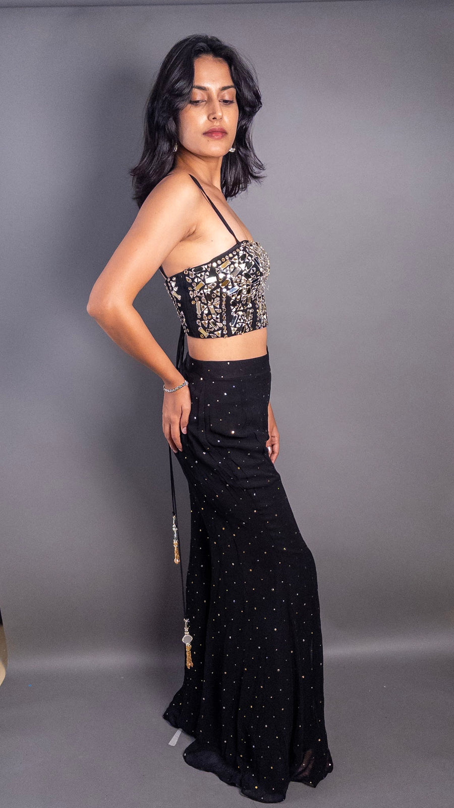 Black Georgette Mirror Cutwork Bustier Sharara Set — fabric detail
