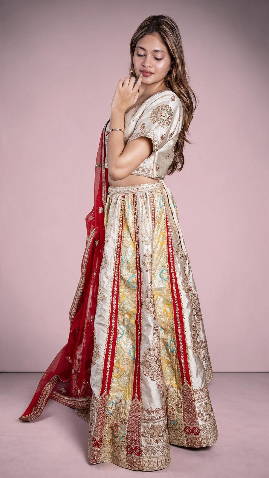 Red and Ivory Brocade Silk Kali Lehenga Set — fabric detail