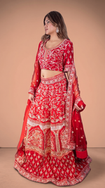 Red Raw Silk Kali Lehenga With Cutdana and Pearls — view 3