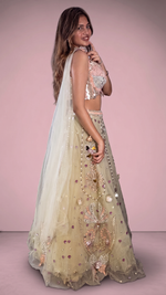 Pista Green Net Lehenga With Pearl and Shell Work — view 3