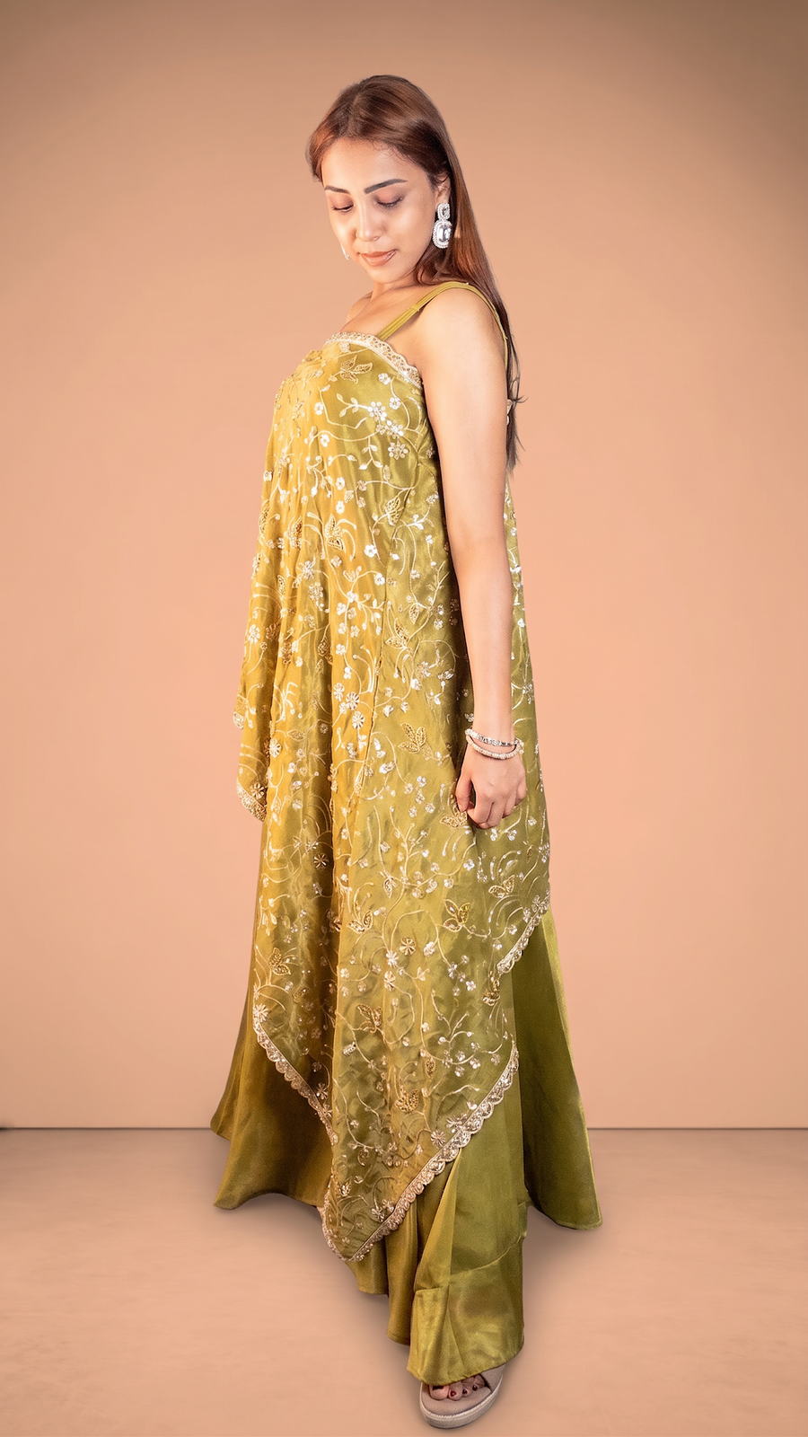 Parrot Green One-Shoulder Cape and Palazzo Set — fabric detail