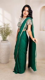 Emerald Satin Pre-Draped Saree With Cutdana Blouse — view 3