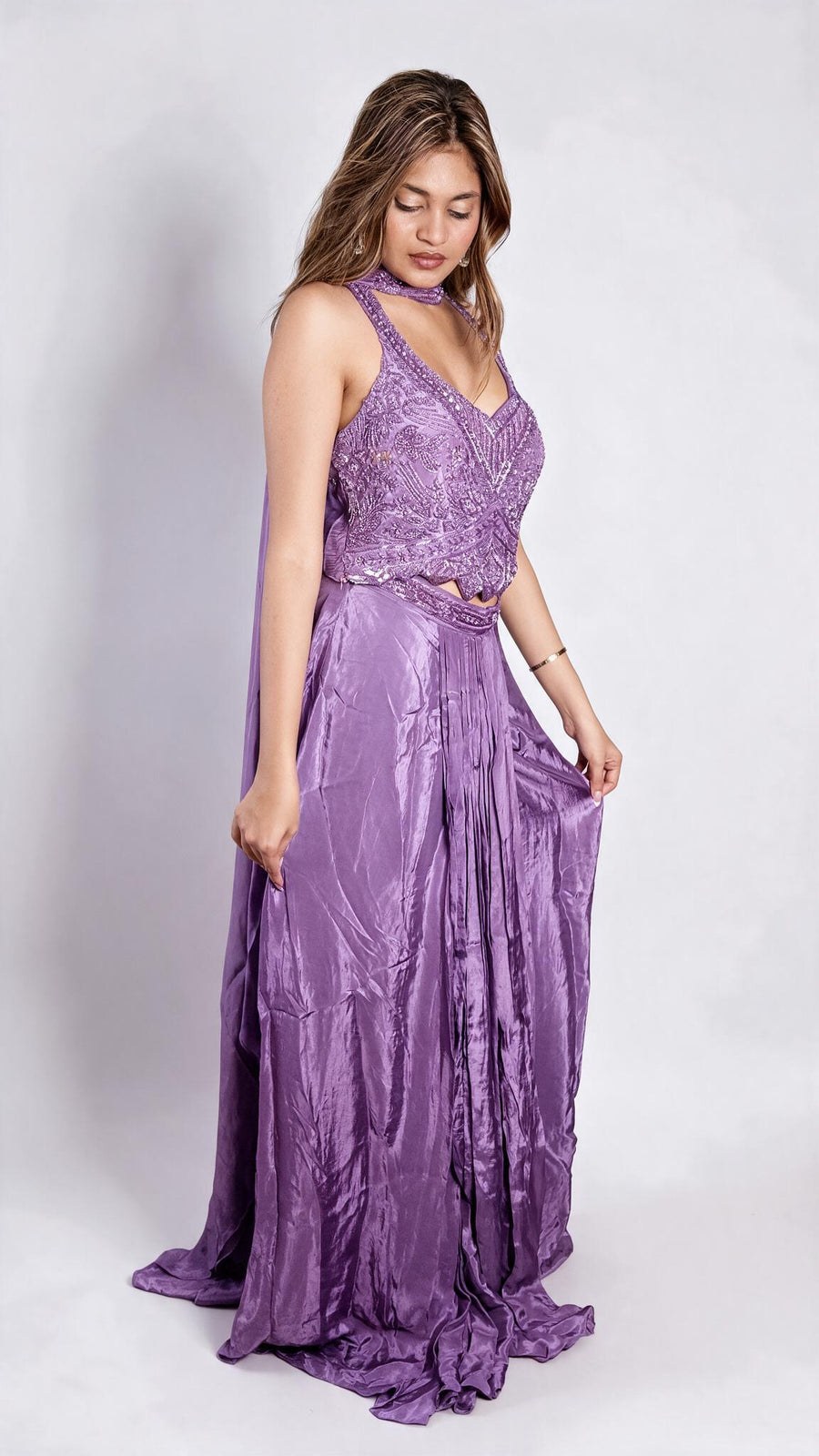 Lilac Crepe Cutdana Halter Set With Draped Dupatta — fabric detail
