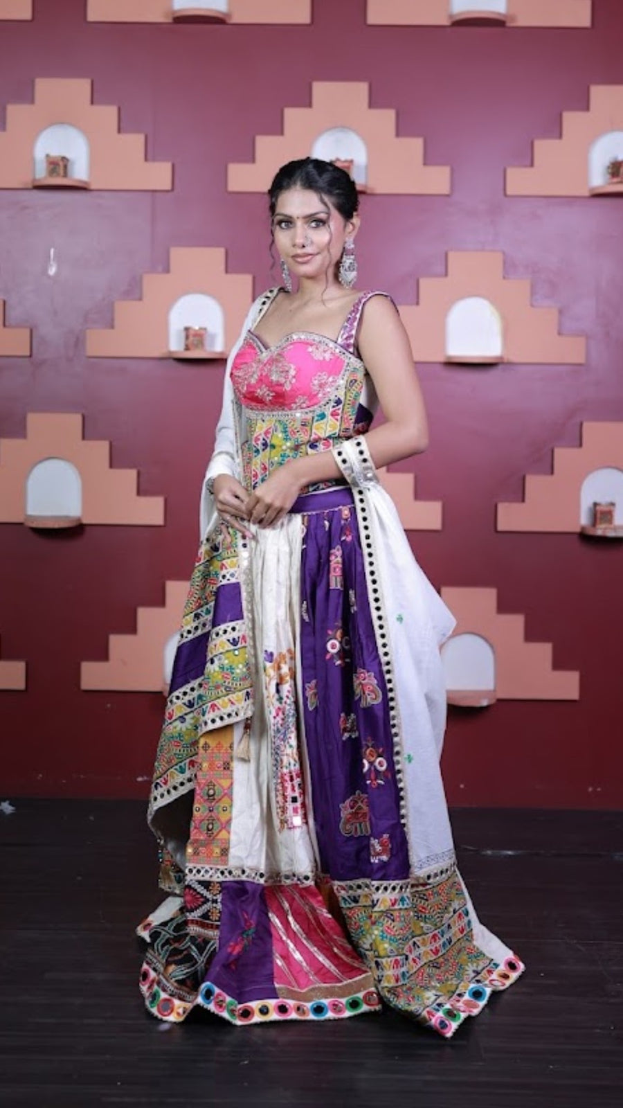 Multi Colour Cotton Kali Lehenga With Mirror Work — fabric detail
