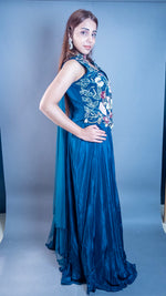 Navy Satin Sharara Set With Embroidered Cape Jacket — view 3
