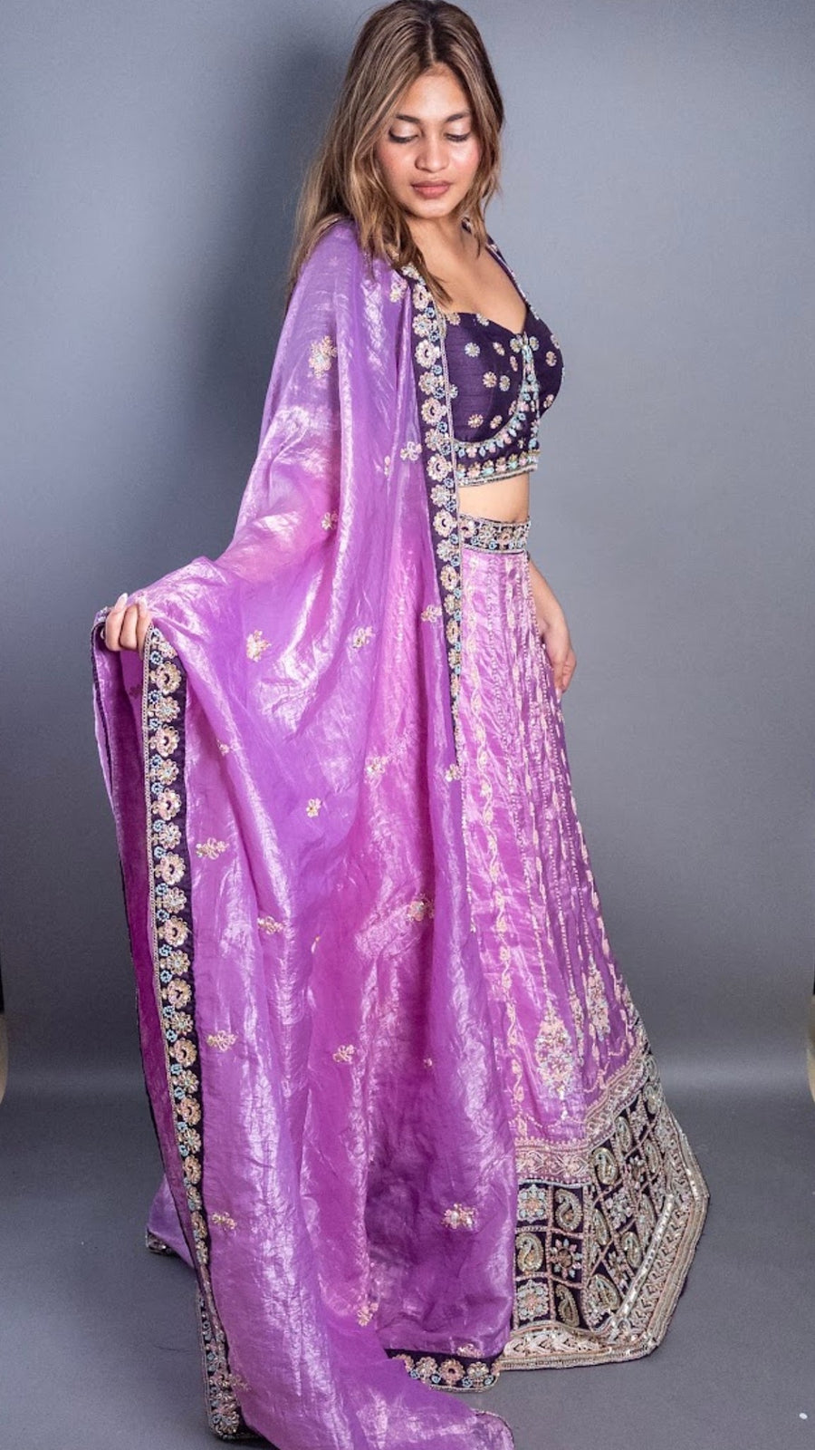Lilac Tissue Lehenga With Dark Purple Raw Silk Blouse — fabric detail