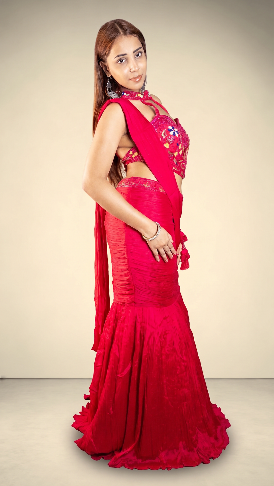 Hot Pink Crepe Mermaid Lehenga With Beaded Blouse — fabric detail