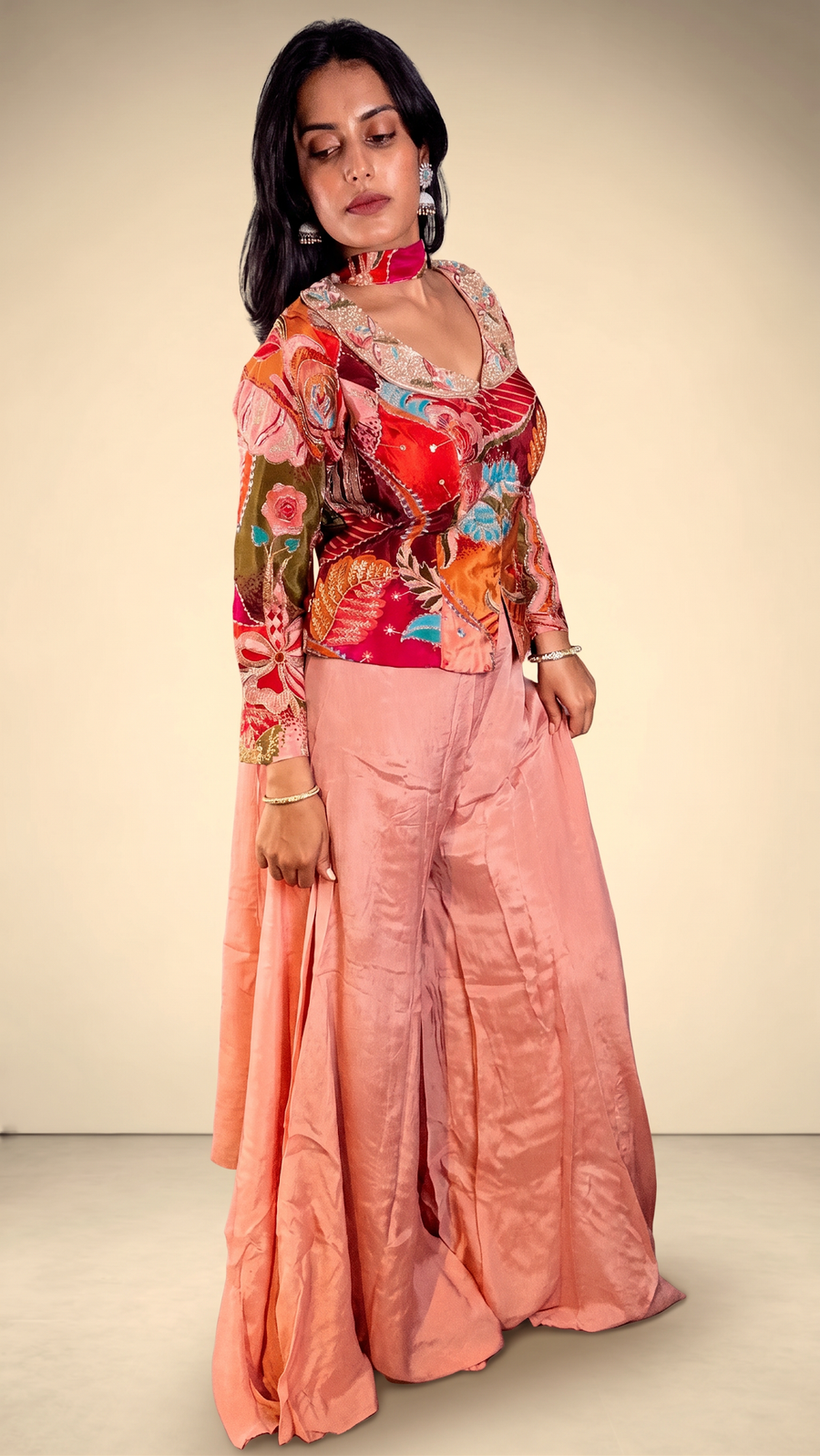 Peach Satin Palazzo Set With Embroidered Choker Jacket — fabric detail