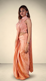 Coral Peach Pre-Draped Saree With Sequin Net Blouse — view 3