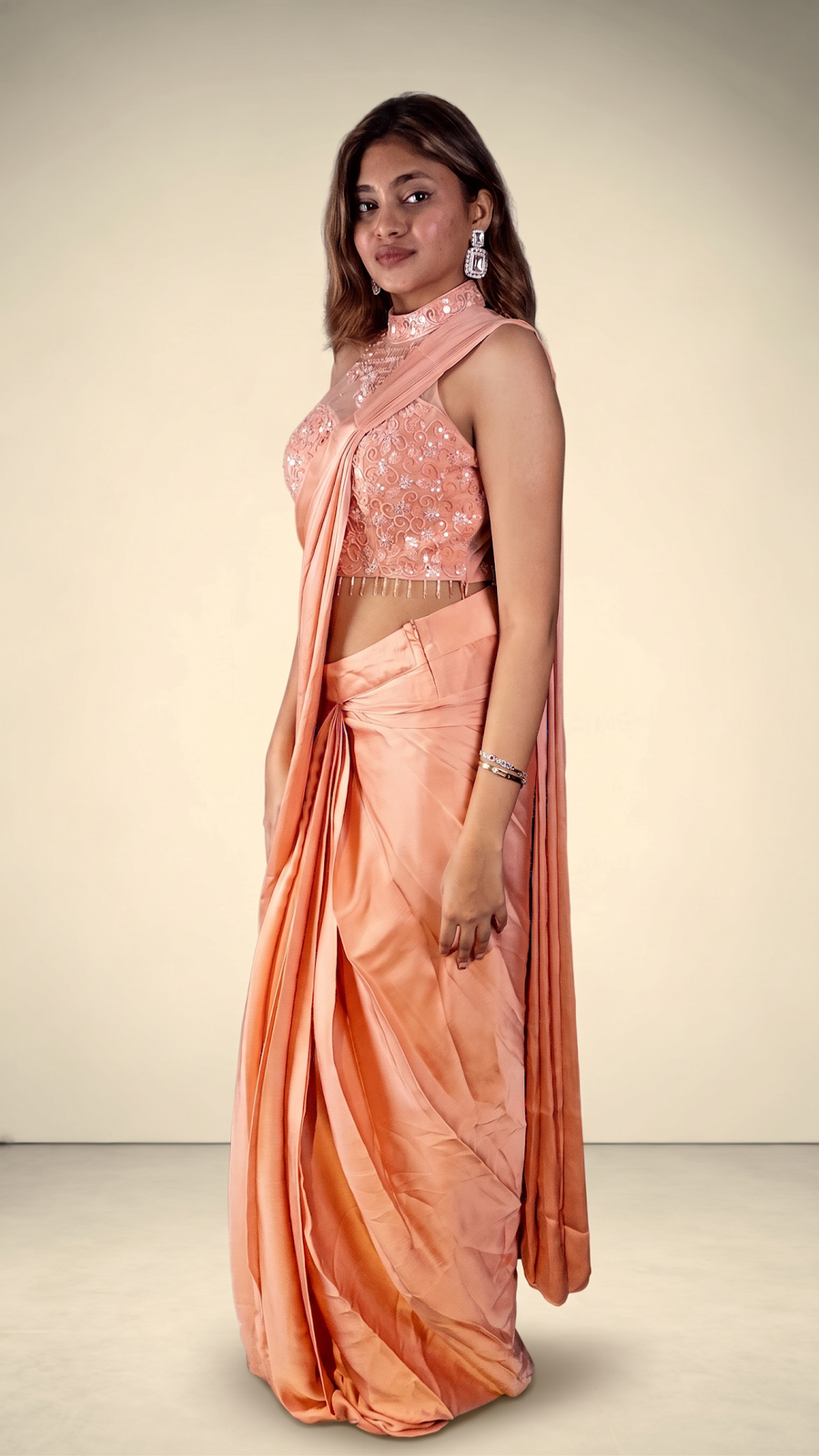 Coral Peach Pre-Draped Saree With Sequin Net Blouse — fabric detail