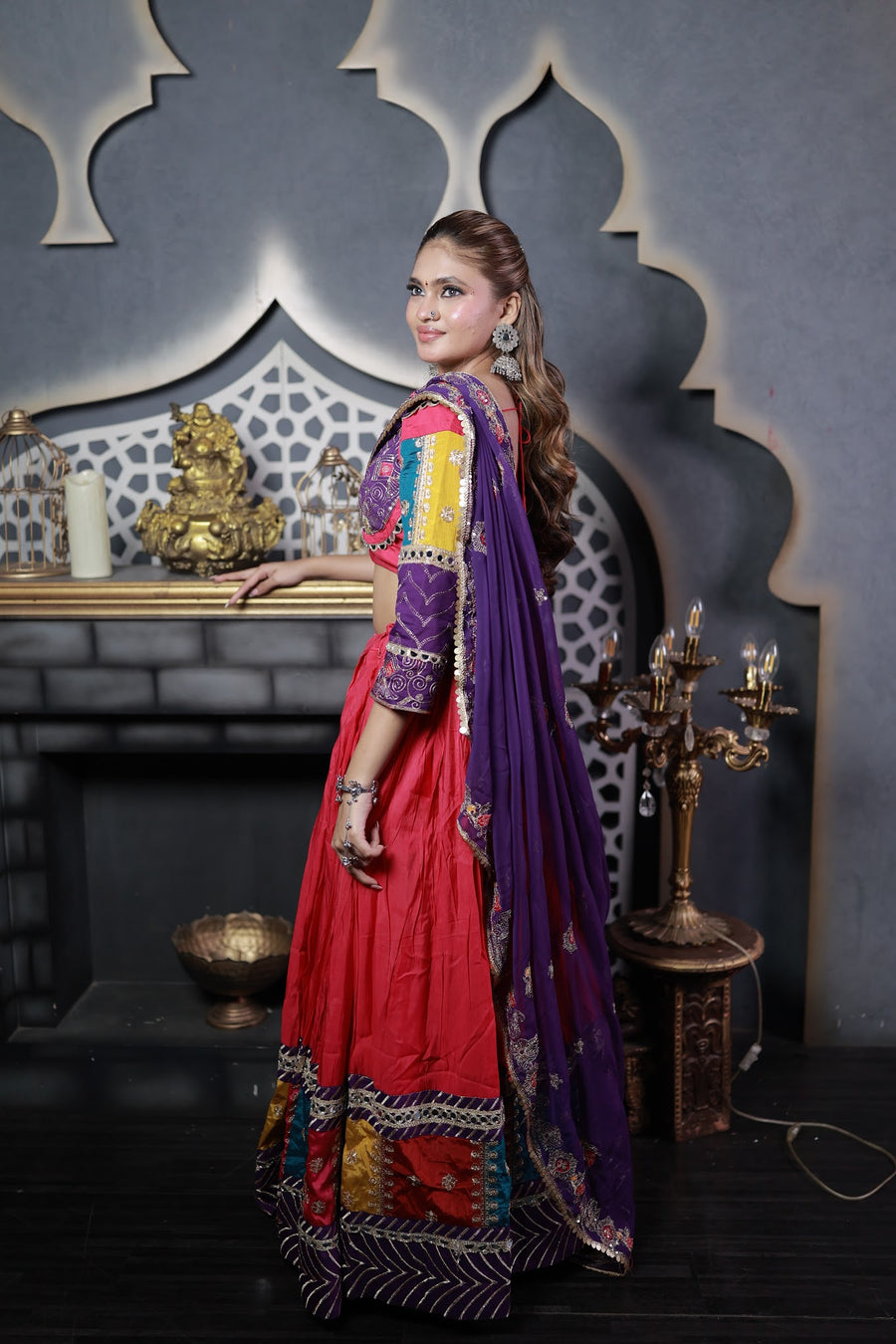 Red Cotton Kali Lehenga With Purple Zari Dupatta — fabric detail