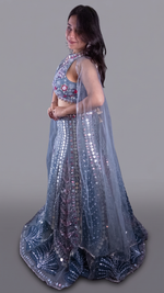 Ice Blue Net Halter Lehenga With Mirror and Zari Work — view 3