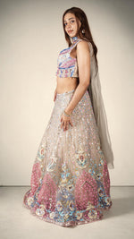 Beige Net Lehenga With Pink Sequin and Mirror Work — view 3
