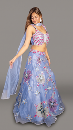 Periwinkle Blue Net Lehenga With Floral Zari Work — view 3
