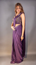 Purple Satin Pre-Draped Saree With Embellished Blouse — view 3