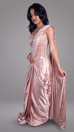 Peach Satin Pre-Draped Saree With Corset Blouse — view 3