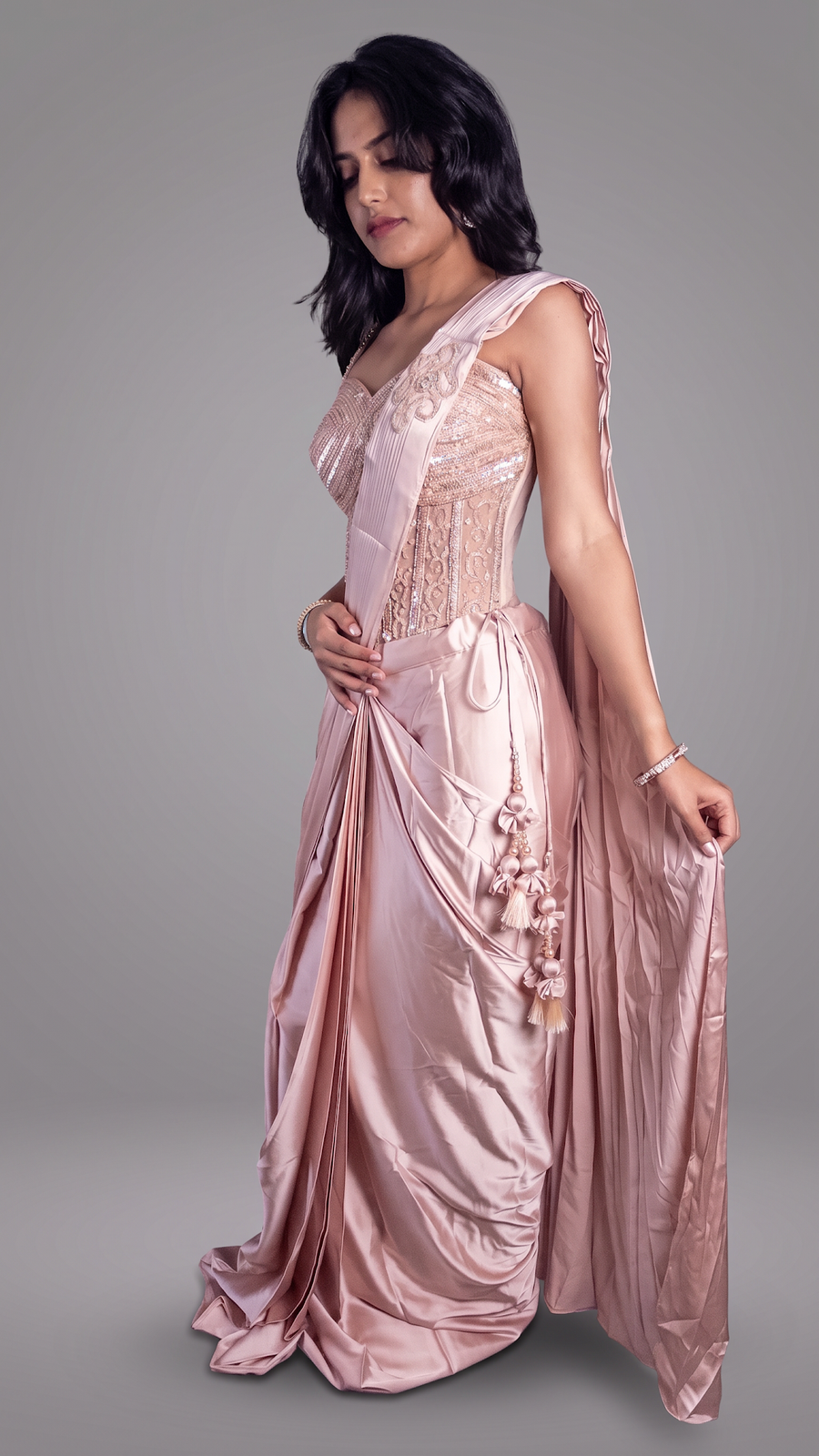 Peach Satin Pre-Draped Saree With Corset Blouse — fabric detail