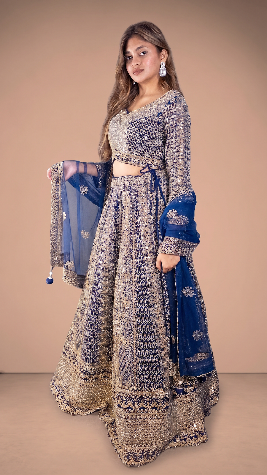 Sapphire Blue Net Lehenga With Mirror Work — fabric detail