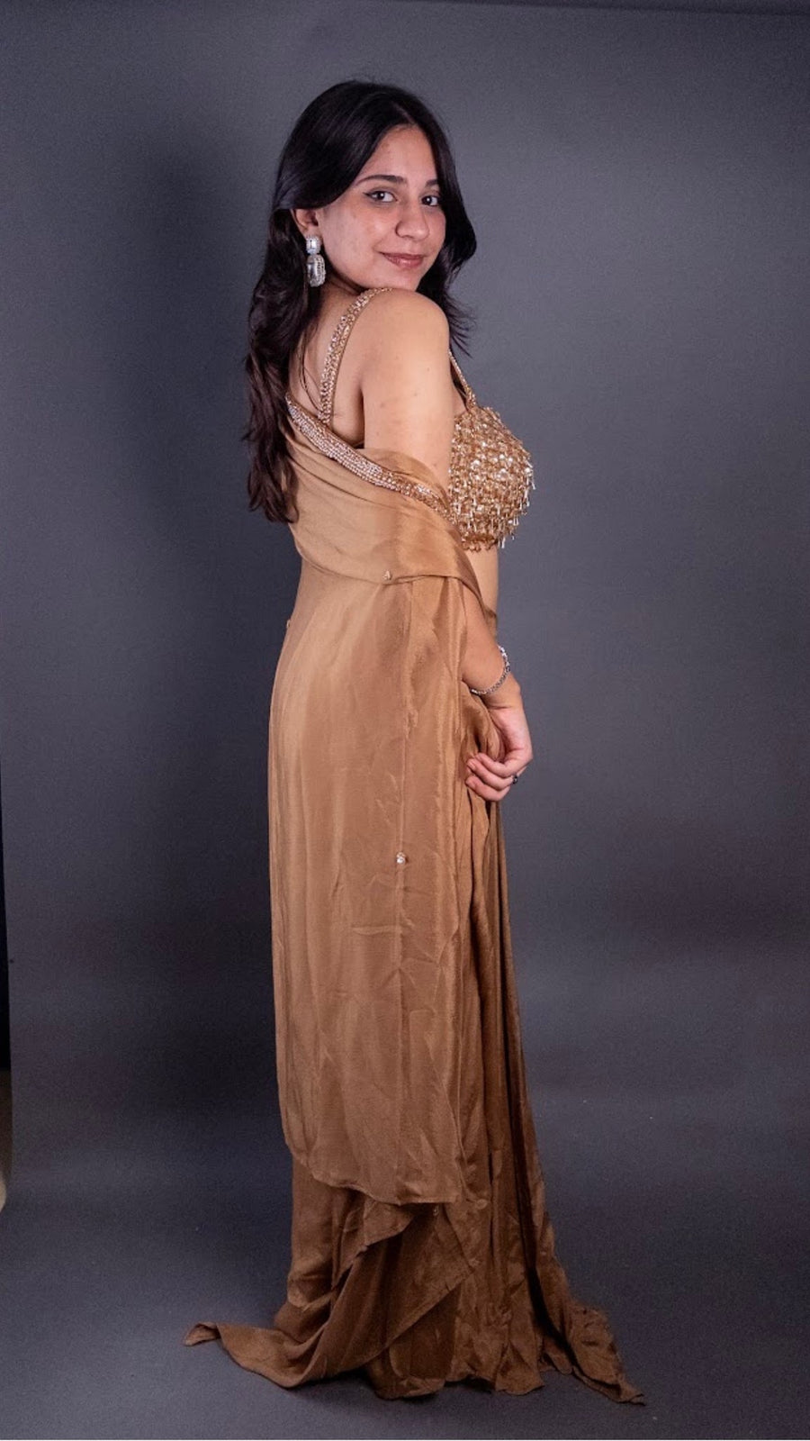 Beige Chenon Dhoti Set With Beaded Sequin Bustier — fabric detail
