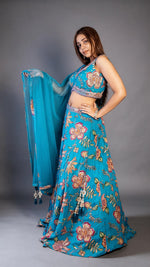 Teal Blue Printed Organza Flared Kali Lehenga Set — view 3
