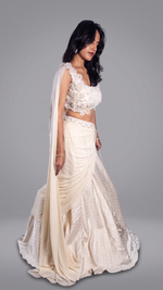 Off White Shimmer Tissue Pre-Draped Saree Gown — view 3
