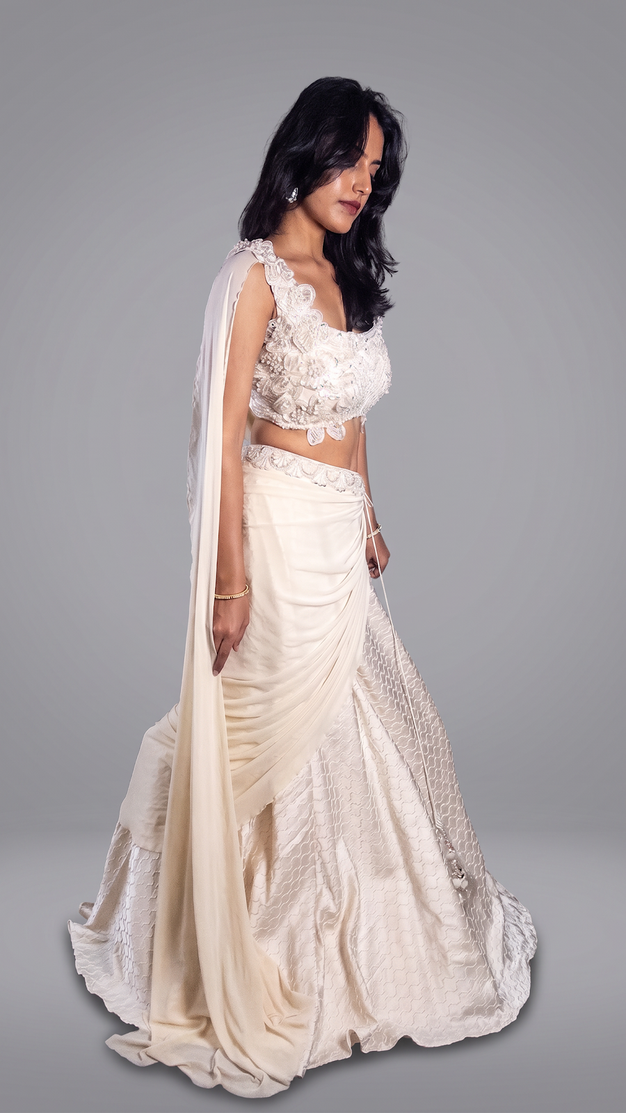 Off White Shimmer Tissue Pre-Draped Saree Gown — fabric detail