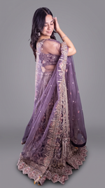 Mauve Net Lehenga With Zari and Floral Embroidery — view 3
