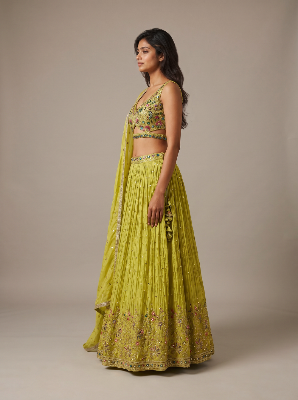Nimbu Lemon Mirror-Work Tissue Lehenga Set