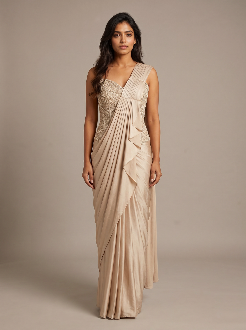 Ivoire Pearl Bustier Pre-Draped Satin Saree