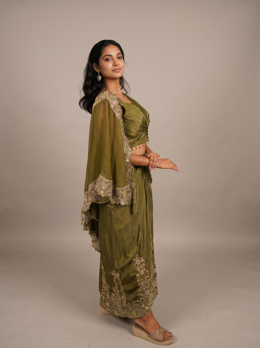 Olive Resham Embroidered Cape Skirt Set