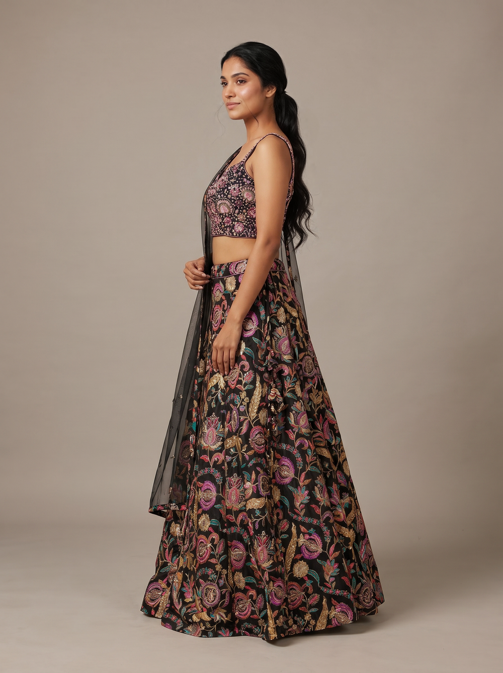 Raat Rani Black Floral Bead-Work Lehenga