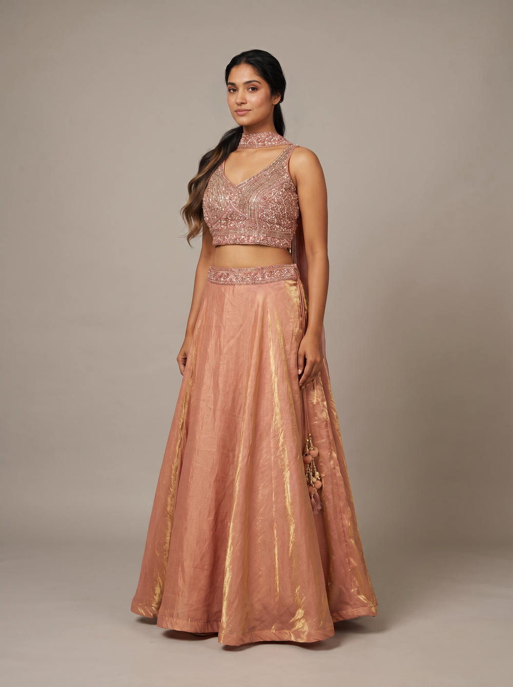 Coral Shimmer Tissue Beadwork Lehenga Set