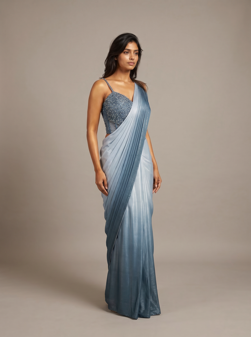 Moonlit Silver Pearl Bustier Pre-Draped Saree