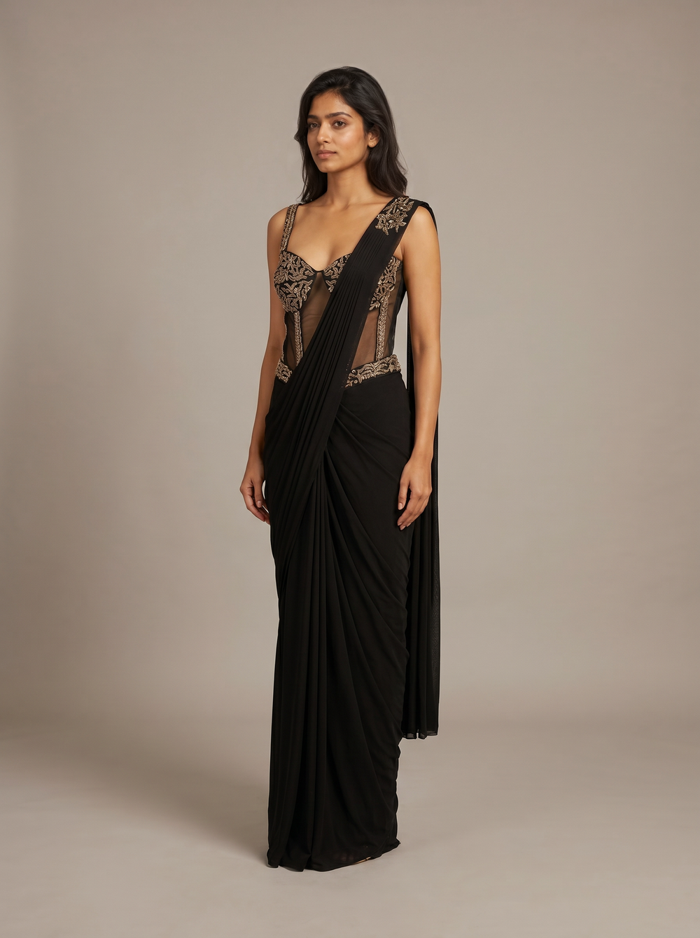 Noir Drape Beadwork Bustier Saree Gown