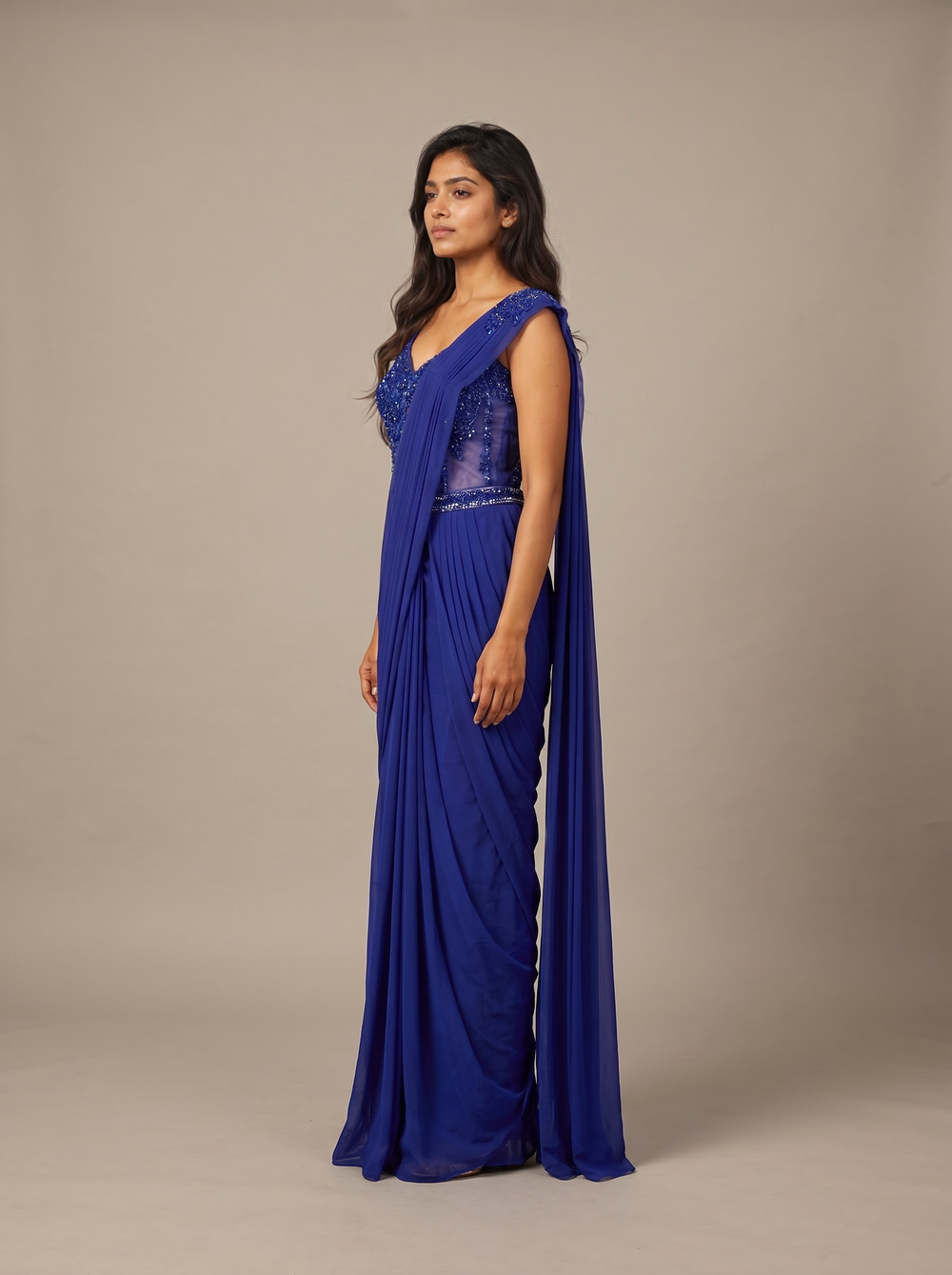 Neelambari Ink Blue Beaded Pre-Draped Saree