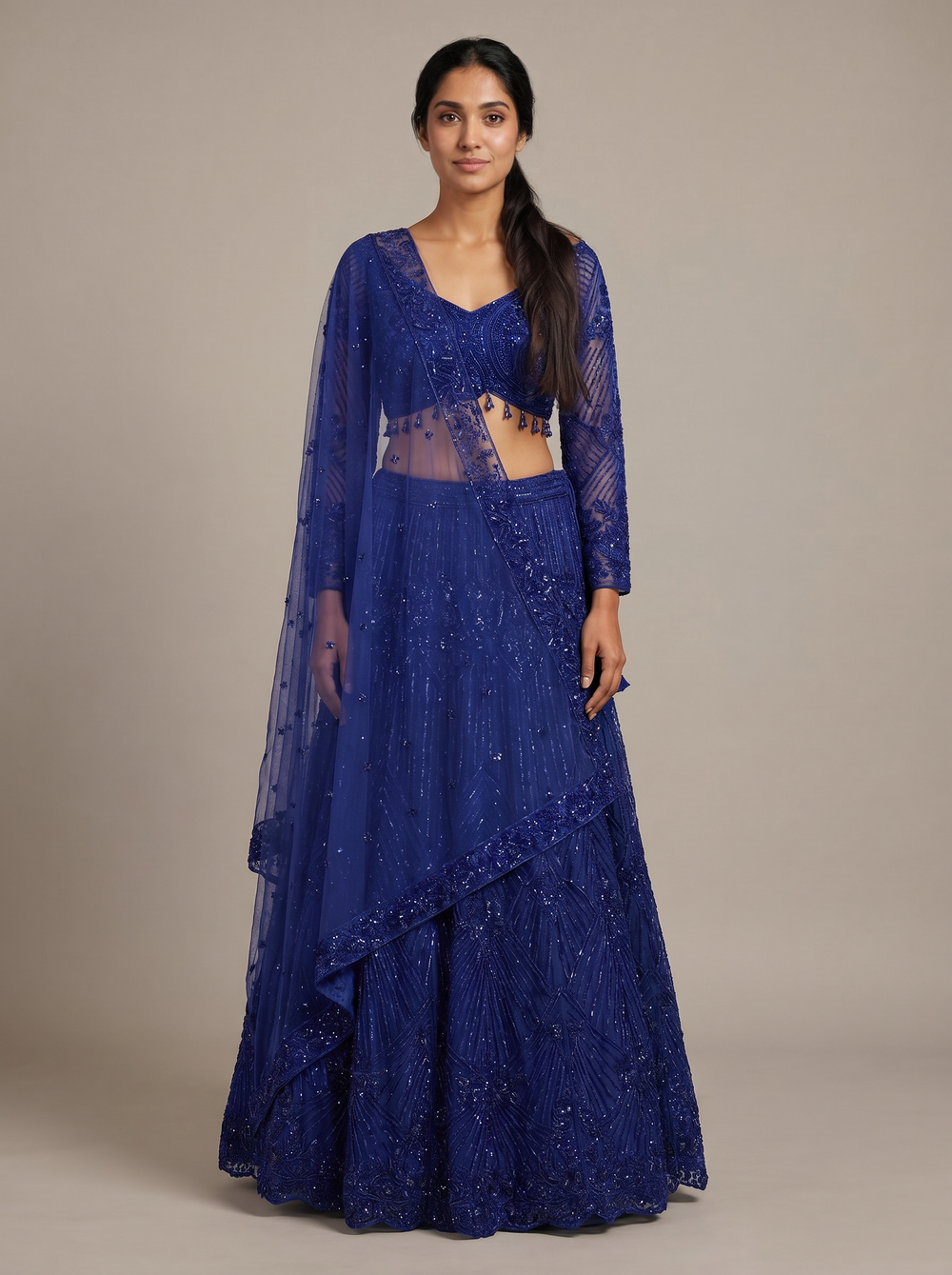 Neelambari Royal Blue Beaded Net Lehenga