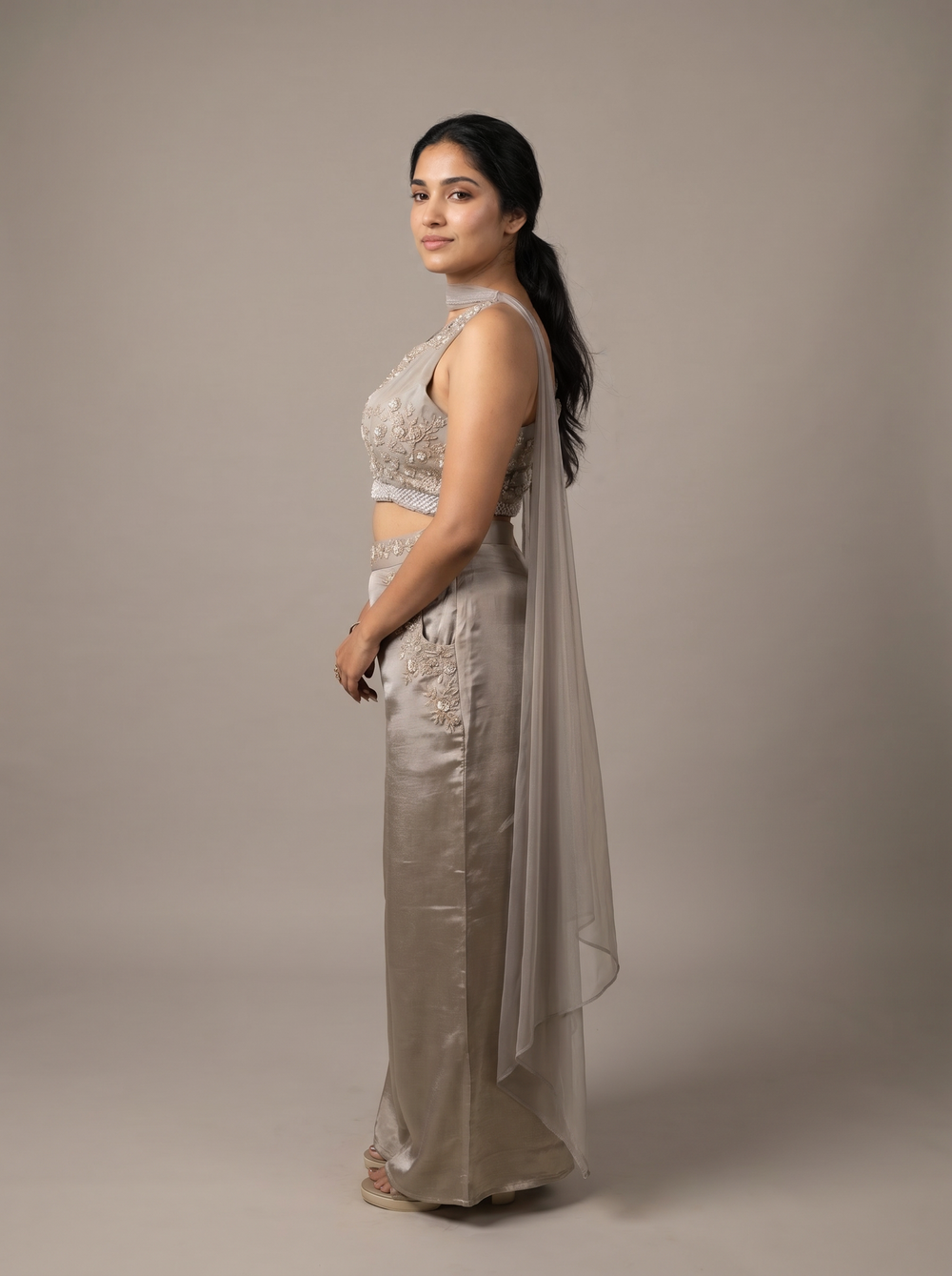 Mercury Grey Shimmer Tissue Palazzo Set