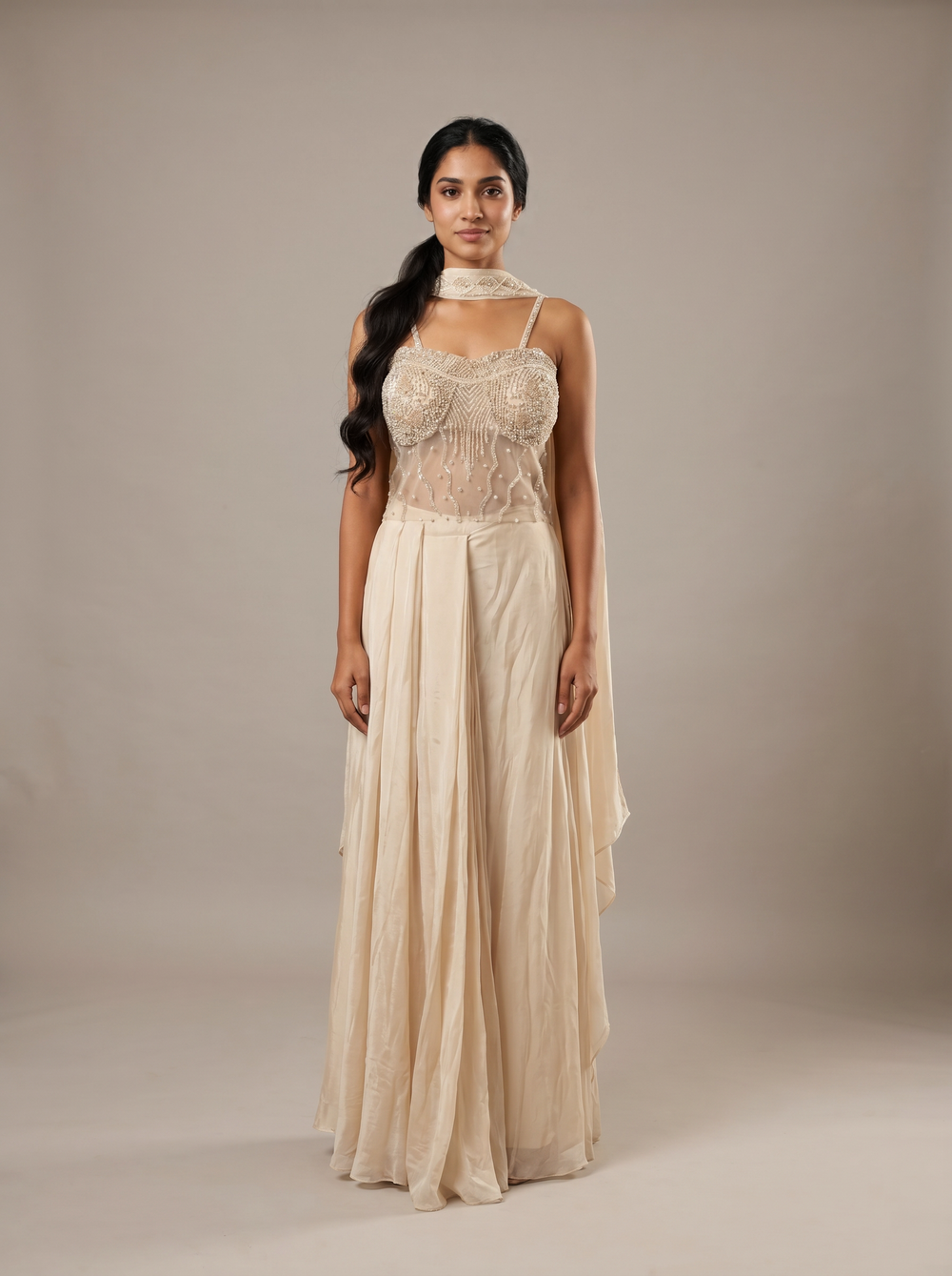 Ivory Pearl Bead Bustier Dhoti Set