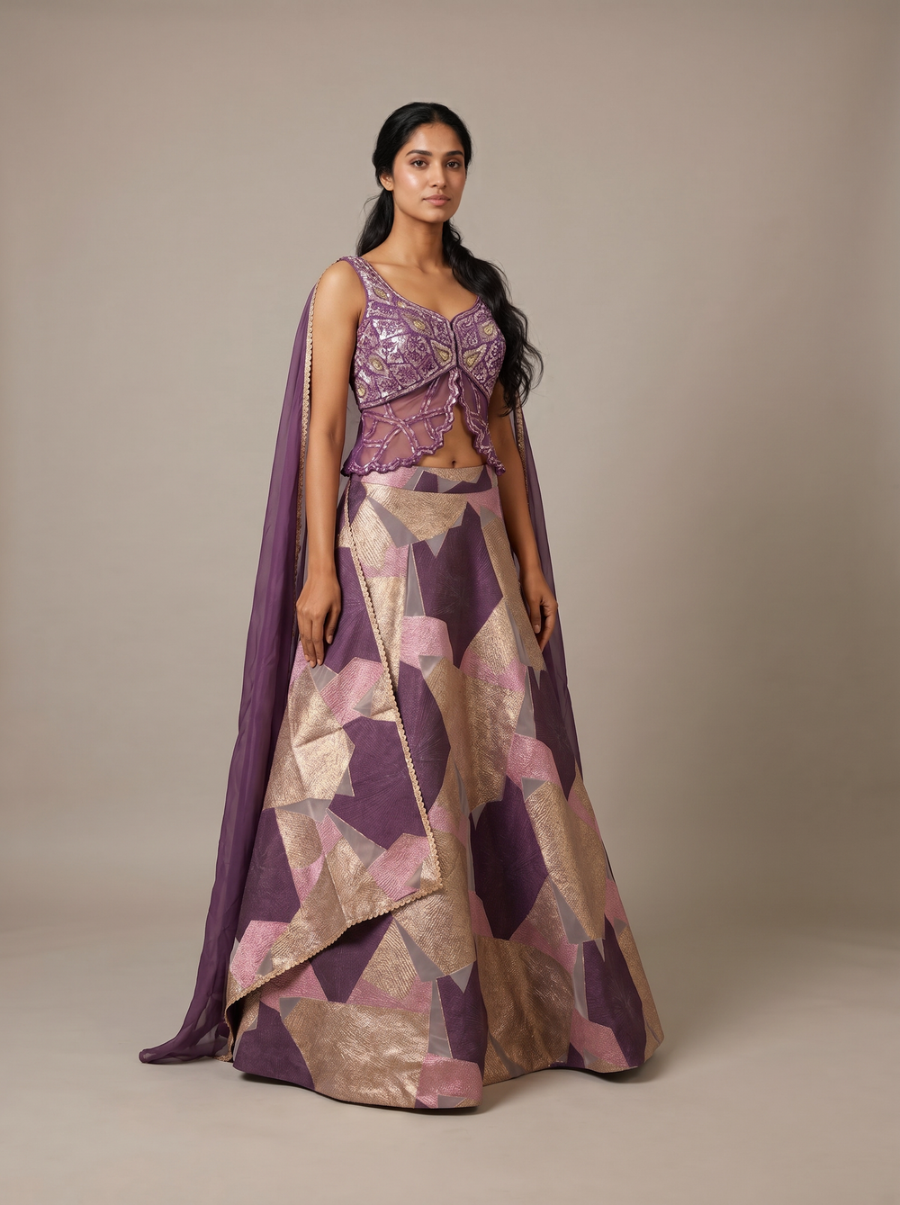 Mauve Plum Sequin Bustier Cape Lehenga