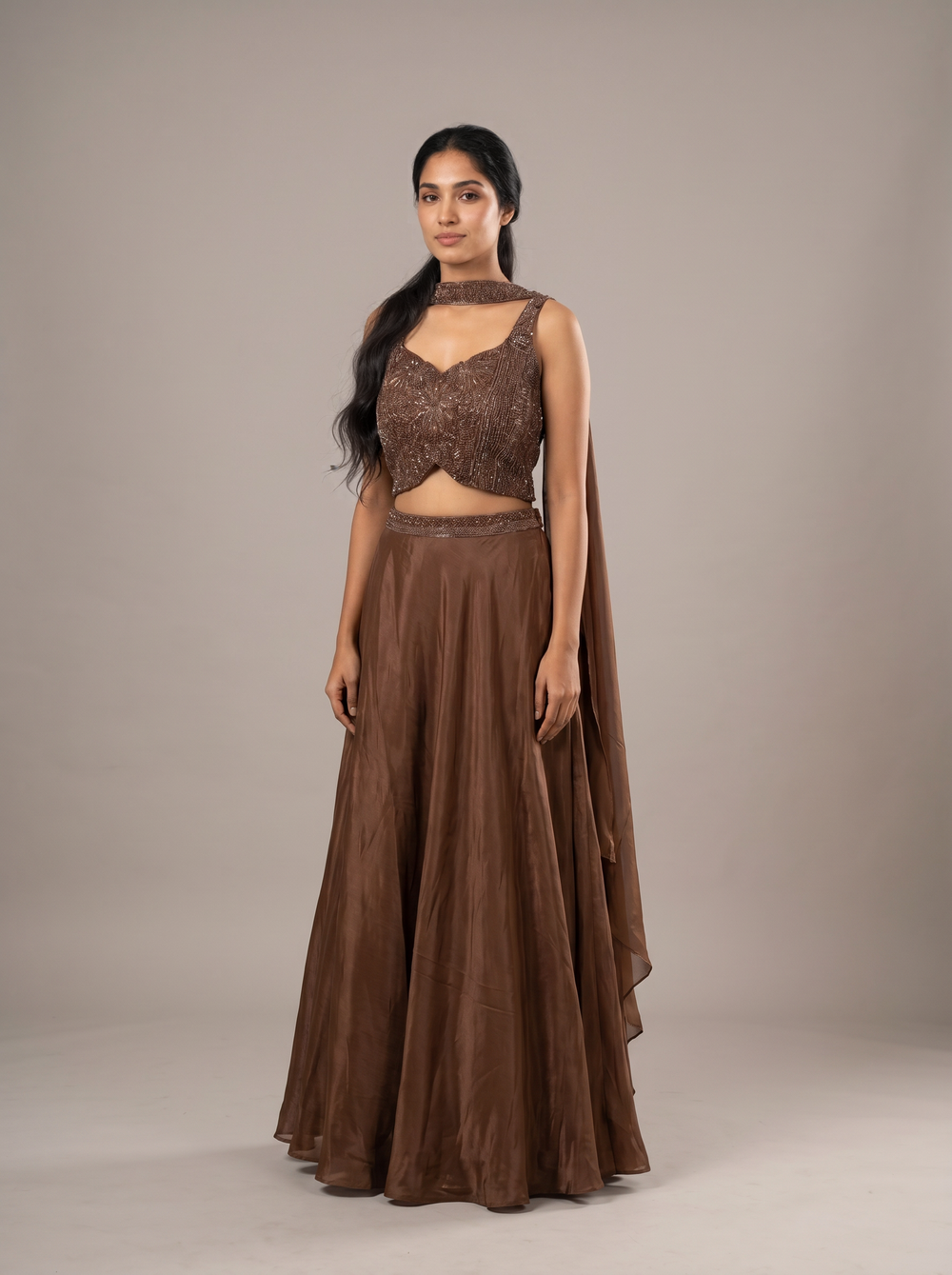 Cacao Copper Beadwork Flared Lehenga Set