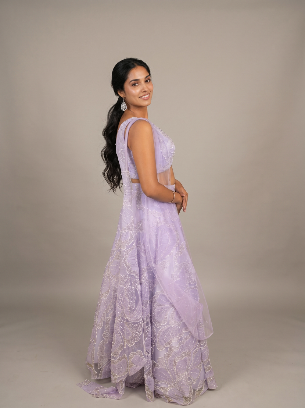 Lavender Pearl Bead Net Lehenga Set