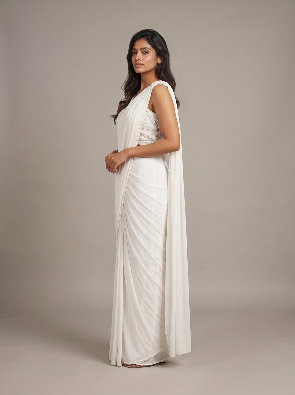 Moonlit Ivory Pearl Pre-Draped Saree