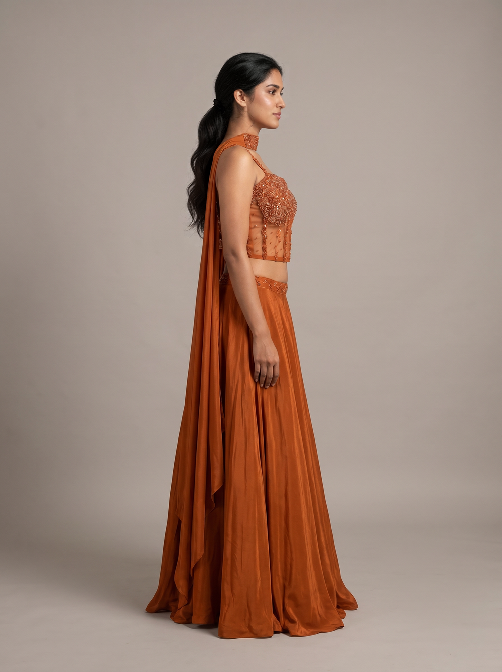 Ember Burnt Orange Beaded Bustier Lehenga