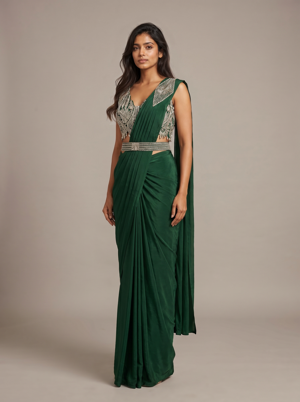 Vanya Bottle Green Zari Pre-Draped Saree