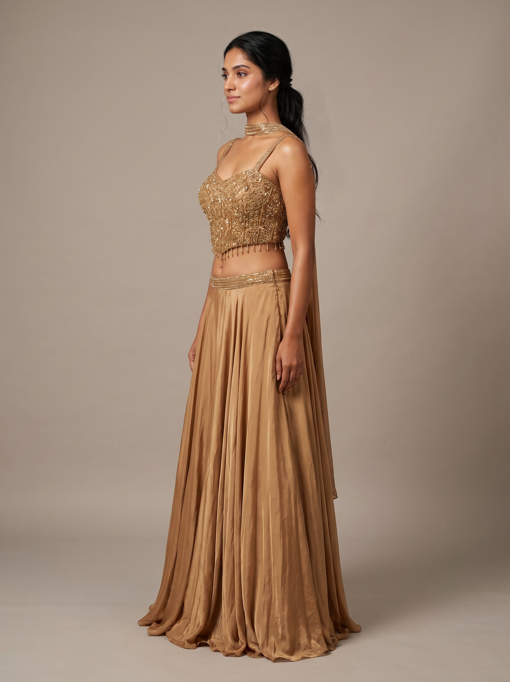 Molten Gold Crystal Bead Lehenga Set